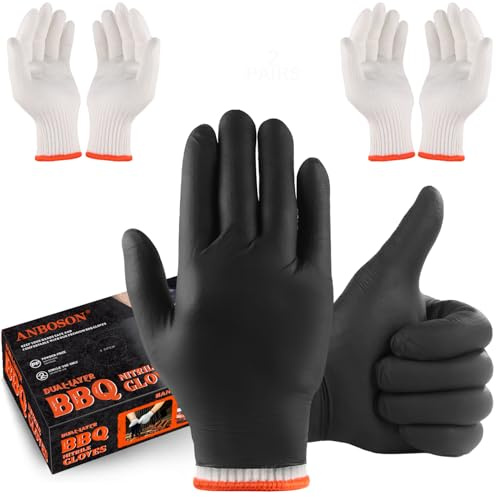 ANBOSON BBQ Gloves for Cooking Baking Grilling, 100 Count Disposable Nitrile Gloves and 4 Count Cotton Glove Liners Washable (6mil Nitrile, Large)