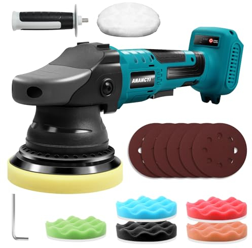 Anancyi Akku Poliermaschine 18V für Autos,15 mm Exzenter Poliermaschine, 2000-6000 RPM, 3-Geschwindigkeiten, 125mm Polierschwamm, für Mak-ita BL(Keine Batterie)