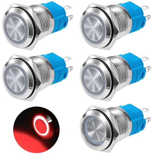 QIMEI-SHOP 5 pezzi Interruttore a Pulsante Autobloccante 16mm Pulsanti 12V-24V 3A Impermeabile Interruttori a Pulsante in Ottone Cromato con Luce LED ad Anello Rosso