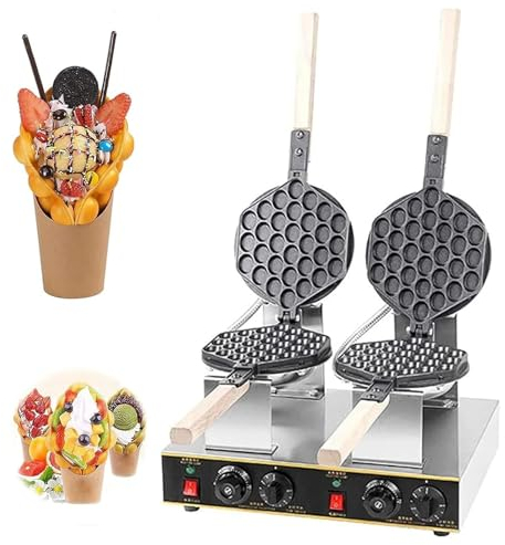 Máquina for hacer gofres de burbujas comercial, 1400 W y 1400 W, gofrera de hojaldre con burbujas de huevo de doble cabezal con control independiente de temperatura y tiempo, máquina for hacer gofres