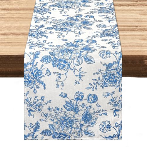 Dremisland Rose Bleue Chemin de Table Esquisse Monochrome Vintage Coton et Rouleau Toile de Jute Chemin de Table Decor pour Table Basse de Mariage Restaurant Table Basse (30X140 cm)