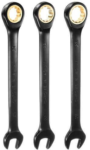 sourcing map 3Pcs Ratcheting Spanner Set 21-23mm Metric Open End Wrench 72-Teeth CR-V Steel 12 Point Nickel Plated Combination Ratchet Wrench for Fasteners Nut Bolt