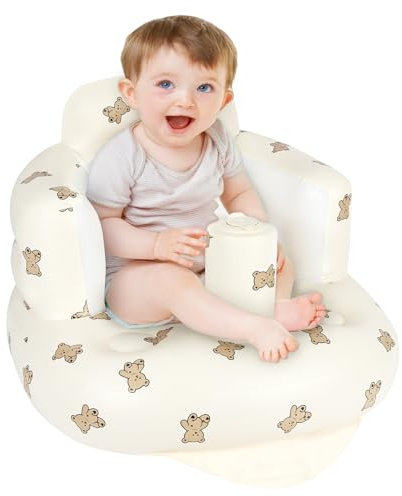 Alaoo Seggiolino Gonfiabile per Neonati, Seggiolino rialzato portatile, Pompa dell'aria incorporata, supporto per la schiena del bambino, Adatto per esterni, bagno, sala da pranzo(Orsetto Del Cuore)