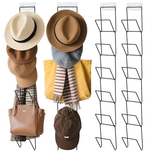 Jcocylse Set of 12 Cap Holders with 2 Hooks - Cap Holder Wall for Baseball Caps, Scarves & Wigs - Multifunctional for Door, Cupboard & Wall - Cap Organiser for Space Saving Storage (Black)