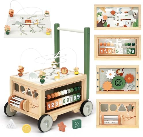 Joyreal Wooden Baby Walker - 9-in-1 Baby Push Walker with Activity Cube, Push Activity Walker for Boys and Girls, Sit-to-Stand Learning Walker Activity Center, Speed & Height Adjustable