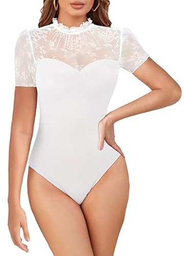 MAYFASEY Spetsbody damer spetsbody sexig kortärmad långärmad spets mesh bodysuits mock urringning eleganta transparenta toppar, B-vit, L