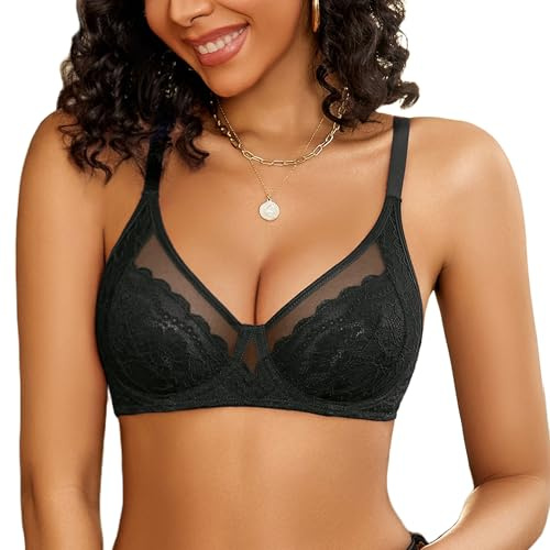 Avidlove Women's Push Up Bra Sexy V-Neck Underwire Bras Lace Full Cup Bralette Unpadded U-Back Bralettes Comfortable Mesh Bra-Underwear Black L