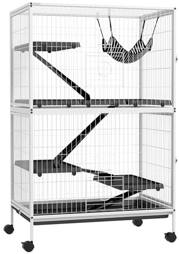 PawHut Gabbia per piccoli animali a 4 livelli per roditori con ruote, rampe, amaca sospesa e vassoio rimovibile Recinto per conigli Cincillà Furetti 80x52x128 cm Bianco