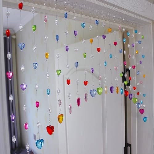 Rekelola Crystal Beaded Curtain for Doorways,Hanging Short Clear Door Beads Curtains for Windows Room Divider Bedroom Coffee House,Colorful Heart Shape (20 Strings)