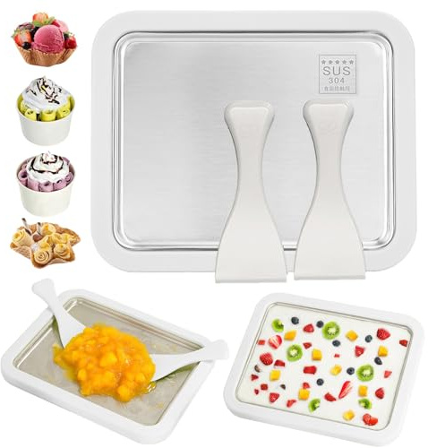 Macchina Gelatiera Istantanea Con 2 Spatole, Padella Per Gelato DIY Rolling Ice Cream Maker Per Adulti E Bambini, Per Panna Fatta in Casa, Yogurt Gelato, Sorbetto (Bianco,26 * 21CM)