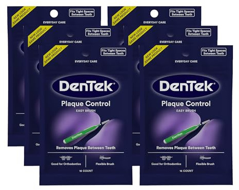 Dentek Interdental Brushes - Tight, 16 Count, 6 Pack - Easy-Brush Interdental Plaque Remover with Fluoride - Cleans Tight Spaces Around Teeth, Braces & Other Dental Appliances