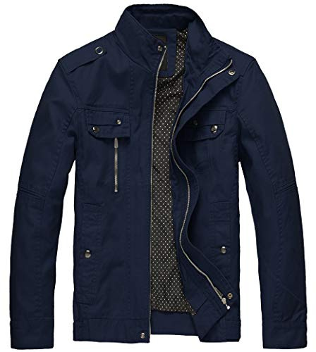 Wantdo Men's Lightweight Cotton Jacket Outdoor Windbreaker Coat Classic Full-Zip Jackets Stand Collar Jackets Navy L