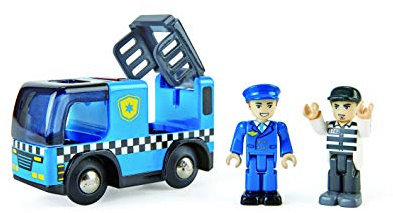 Hape Auto della polizia con sirena funzionante - SMALL - Macchinina interattiva con prigione, effetti e personaggi per gioco di ruolo guardia e ladri dai 3 anni