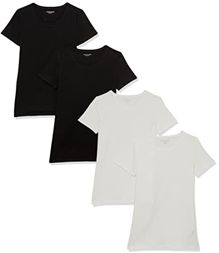 Amazon Essentials Women's Regular-Fit Short-Sleeve Crewneck T-Shirt, Cotton Modal Blend, Pack of 4, Black/White, 4-pack, Large
