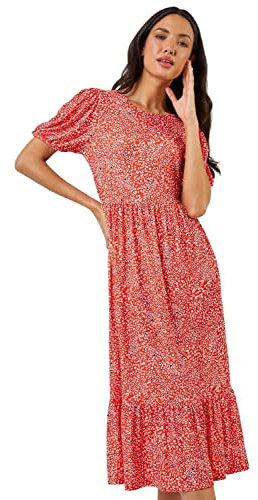 Roman Originals Women Ditsy Animal Frill Hem Midi Dress - Ladies Spring Everyday Summer Evening Vacation Work Holiday Short Sleeve Smart Casual - Red - Size 20