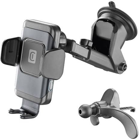 cellularline Hug Air 15 Supporto Smartphone da Auto Carica Wireless Qi,Apertura e Chiusura Automatica,Doppio Attacco Ventosa per Cruscotto e Gancio per Alette Aerazione,Output 10W, Nero, Universale