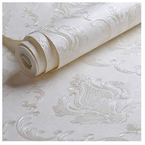 White Embossed Damask Wallpaper Bedroom Living room Background Floral Pattern 3D Textured Wall Paper Home Decor 10M Roll Wallpaper (Color : RT00201, Dimensions : 9.5mx53cm)