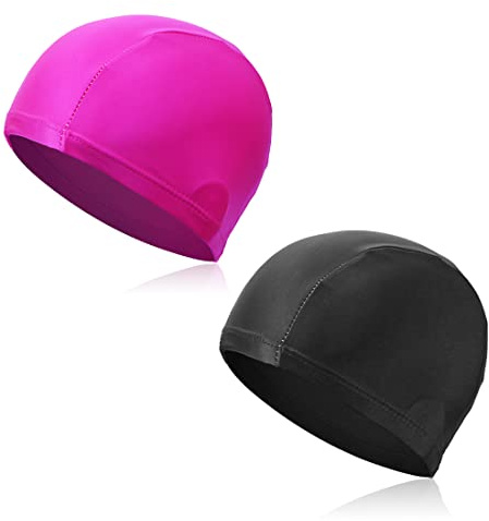 XPEX Bonnets de Bain en Tissu Polyester Extensible, Lot de 2, Bonnets de Bain Doux pour Homme et Femme (Noir et Rose Rouge)