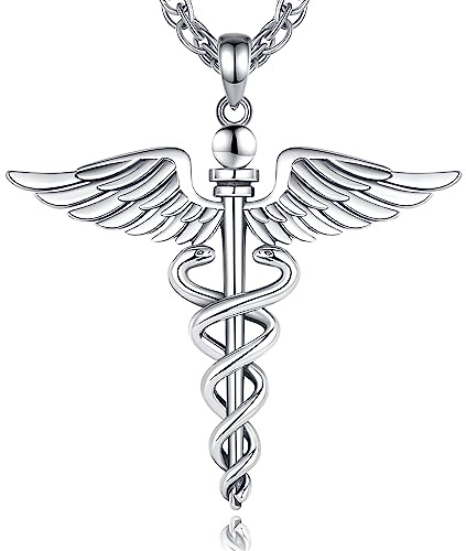 AEONSLOVE Collana Caduceo Hermès in Argento 925 Ciondolo Manganello Serpente con Ali d'Angelo Gioielli Simbolo di Medico Regali per Infermieri Dottore Donna Uomo, Catena da 55,8 + 5 cm