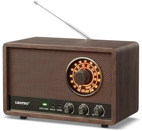 LEOTEC AM FM Radio,Retro Wood Table Radio,Portable Bluetooth Speaker Plug in Wall,Best Reception with AUX,Headphone Jack,Bass Control,Great for Home,Outdoor,Brown