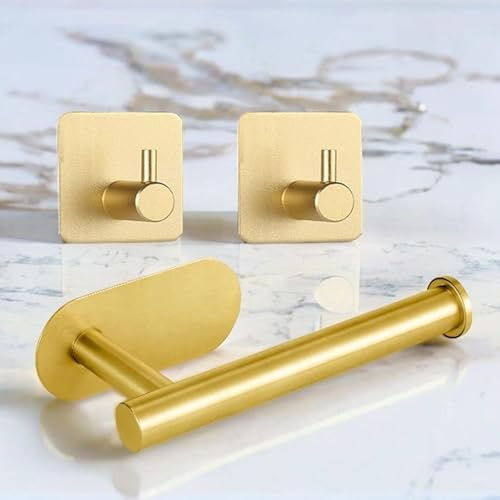 Qiundar Selbstklebend Klorollenhalter wc papierhalter ohne Bohren toilettenpapierhalter ohne Bohren Edelstahl mit 2 Stück Klebehaken für Bad, Toilette, Küche, Wasserdicht Rostbeständig (Gold)