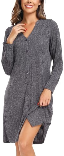 Vlazom Camisón Mujer Vestido de Manga Larga de Punto para Dormir con Botón(L,Gris Oscuro)