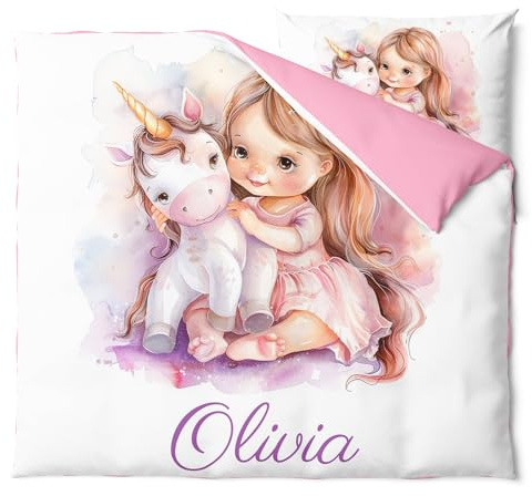 Pictogogo Ensemble de Parure de Lit Personnalisable avec Nom pour Bébé et Enfant - Animaux, Housse de Couette Zippée et Taie d'oreiller Incluses - Cadeau Unique (Licorne avec Fille 2, 80 x 120)