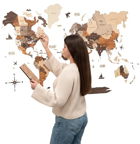 Enjoy The Wood Mappa Mondiale in Legno 3D Arte da Parete Grande Decorazione da Parete Idea Regalo per Inaugurazione Casa Mappa Mondiale in Legno per Viaggi Casa e Cucina o Ufficio (L, Multicolor)