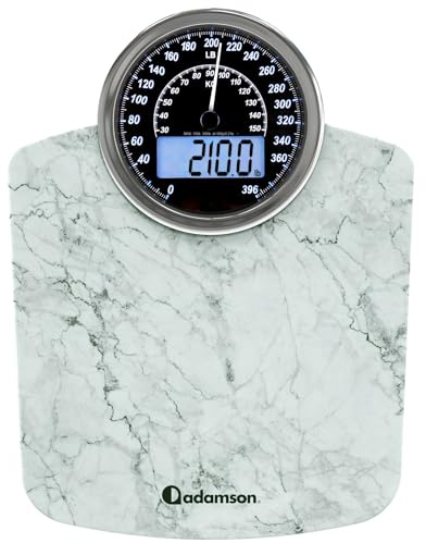 Adamson Hybrid 2-in-1 Analog & Digital Weighing Scale for Body Weight up to 400lbs - Thick Tempered Glass - Extra Large Display - Easy to Read Digital Bathroom Scale - New Version - Marble White