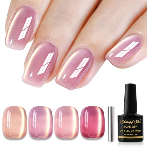 Shining She UV Nagellack Magnet, 4 Farben Nude Rosa Kristalle Jelly Cat Eye Gel UV Nagellack, Frühling Sommer Gel Nail Polish Soak Off UV Lack für Nageldesign Maniküre Salon, 8ML