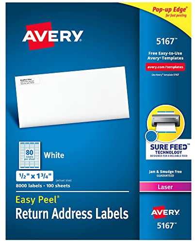 Avery Printable Return Address Labels with Sure Feed, 0.5 x 1.75, White, 8,000 Blank Mailing Labels (05167)