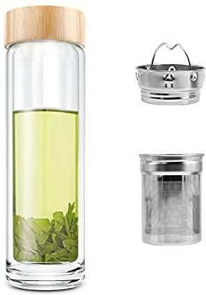 COMI Tea Bottle, 14 oz, Borosilicate Glass, Double Wall, Infuser & Strainer, Bamboo Lid, 400ml