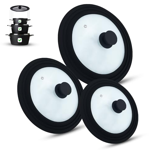 M.S.N Set di 3 coperchi universali in vetro, 3 pezzi, per pentole e padelle da 16, 18, 20 cm e 24, 26, 28 cm e 28, 30, 32 cm, con valvola di scarico e bordo in silicone, nero