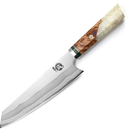 MITSUMOTO SAKARI 8 inch Japanese Kiritsuke Knife - Hand Forged 440C Damascus Steel, Professional Kitchen Chef Knives with White Pomegranate Handle & Sandalwood Box