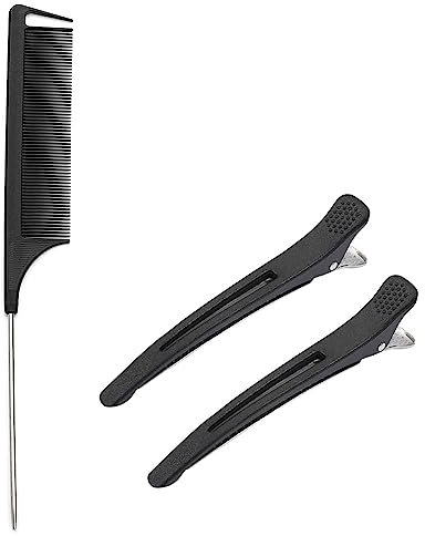 HY DOT Hair Comb - Rat Tail Fine Tooth Pin Sectioning Hairdressing Styling Cutting Parting Tails With Metail & 2 large Clips for Women Men Girls By, Black