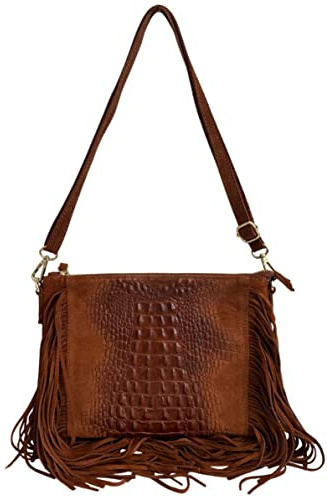 Modarno borsa da donna con frange, a tracolla, in pelle scamosciata 29x2x21 cm (Marrone)