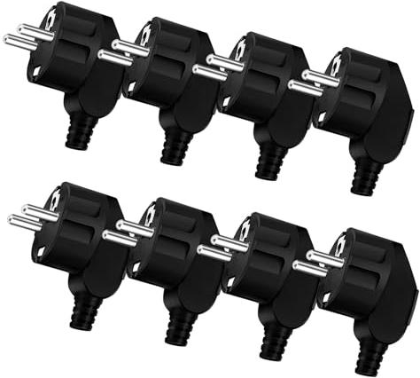 ZHIQIN Schuko Stecker 8 Stück Schukostecker Stromstecker 250v/16A Schutzkontaktstecker Bruchfest Langlebig mit Knickschutztülle Winkelstecker Aussen Wasserdicht Gummistecker für 7-11mm Kabel,Schwarz