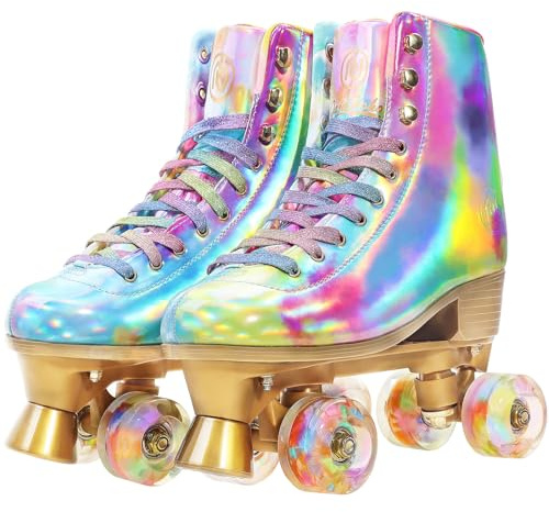 JajaHoho Roller Skates for Women, Holographic High Top PU Leather Rollerskates, Shiny Double-Row Four Wheels Quad Skates for Girls and Age 8-50 Indoor Multicolor (Rainbow, Size 4)