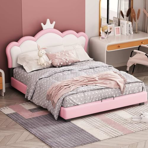KOMHTOM Lit d'enfant Lit Rembourré avec Tête de Lit, Cadre de Lit Plateforme avec Sommier à Lattes en Bois, Mignon, Princesse, Rose(sans Matelas) (140x200cm)