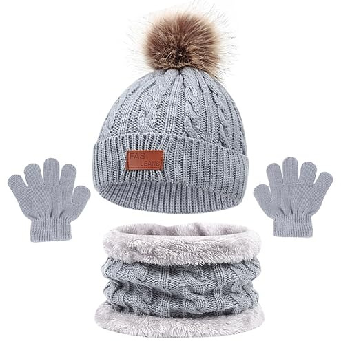 Tabanzhe Children's Winter Knitted Hat Scarf and Gloves Set, Warm and Thick Knitted - Boys and Girls 3 Piece Cold Weather Set, Warm and Comfortable, Ideal for Outdoor Activities（Grey）