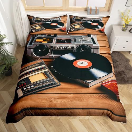 Erosebridal Retro Audio Music Bedding Sets King for Kids Boys Girls Vintage Record Box Tape Recorder Comforter Cover, Misical Old Cassette Duvet Cover with 2 Pillow Cases & 4 Corner Ties