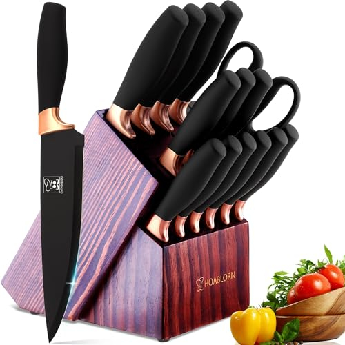 Kitchen Knife Set with Block, Professional Stainless Knife Sets with Built-in Sharpener,Knives Set with Wooden Block for Chefs Family