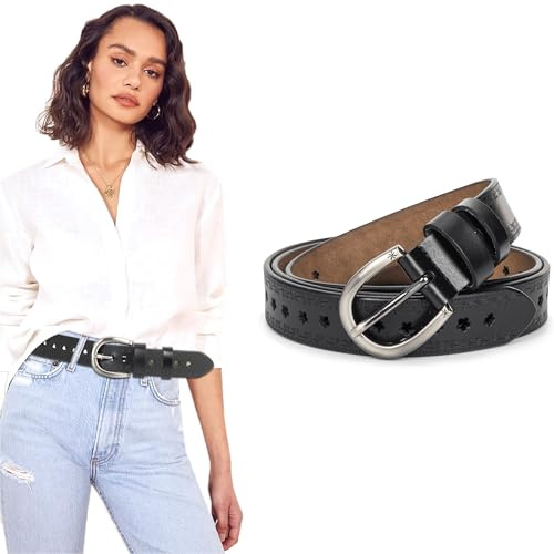 KorhLeoh Cintura da donna in vera pelle bovina vintage con fibbia ad ardiglione per jeans e pantaloni, nero, Fits Waist 31-34''
