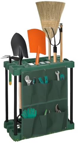 Durable Plastic Mobile Weatherproof Garden Tool Storage Rack - Lightweight Portable Caddy - Free Standing Unit Tidy Organiser for 40 Garden Tools with Multiple Pouches - Easy Assembly