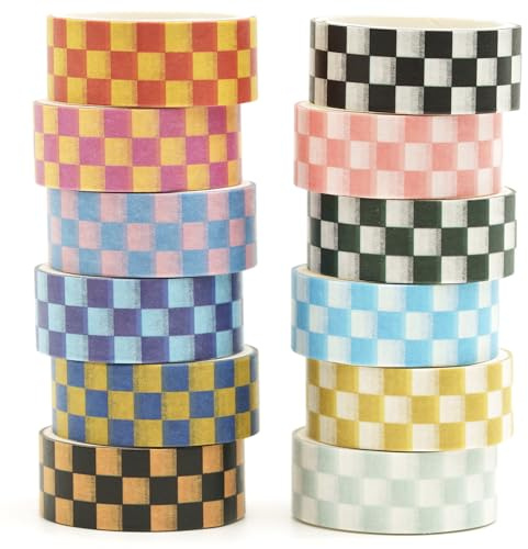 Songdao Rutnät Washi Tape set 12 rullar skotskrutigt tyg, dekorativ tejp, färgglad för scrapbooking, bullet dagbok, planerare, presentförpackning (stil två)