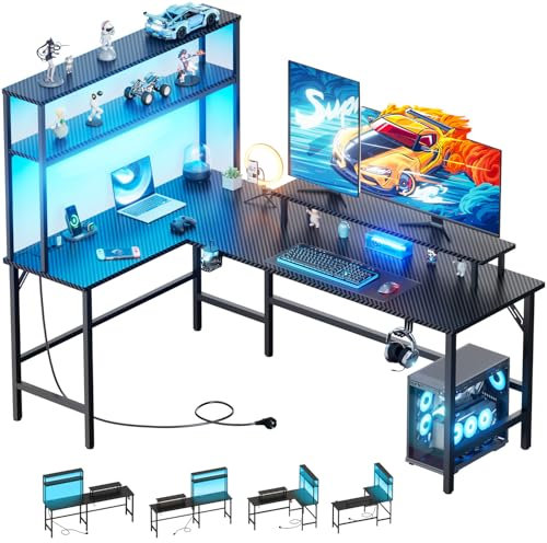 HLONONE Gaming Tisch mit LED, 150 x 100 cm Eckschreibtisch mit 3 Steckdosen und 2 USB, Reversibel Gaming Schreibtisch L Form, Computertisch mit Monitorständer und Aufsatzregal, Kohlefaser Schwarz