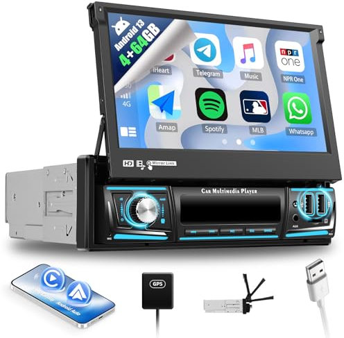 [4GB+64GB]SIXWIN Android 13 1 Din Radio con Wireless Carplay e Android Auto,7 Pollici Manual Pieghevole Touchscreen Stereo con WiFi GPS Bluetooth RDS/FM 2USB AUX TF Controllo del Volante