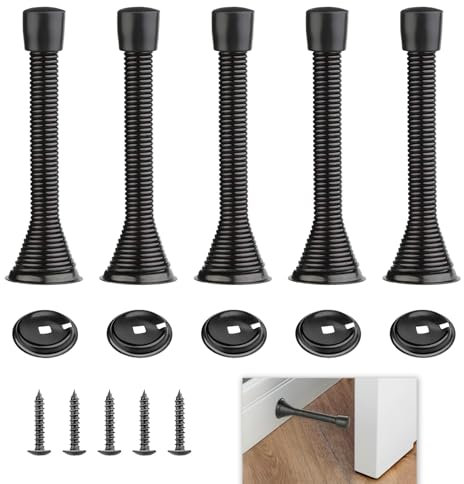 5 Pcs Spring Door Stops, Metal Spring Door Stoppers, Spring Doorstop Wall Mounted with Rubber Tip, 83mm Long Door Springs Universal Fit for Home & Office, Protects Walls from Door Knocks (Black)