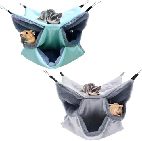 LYART Sugar Glider Pouch Hammock Bed Bedding, Sugar Glider Cage Accessories Toys for Rat, 3-Layer Hammock Make Pet Cages More Three-Dimensional (3.Grey+Mint)