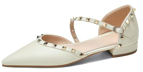 Ballerines Femme Rétro en Cuir Clouté Bout Pointu Bride Cheville avec Boucle Talons Bas Épais Confortables À Enfiler Soirée Robe Bureau,Beige,40 EU
